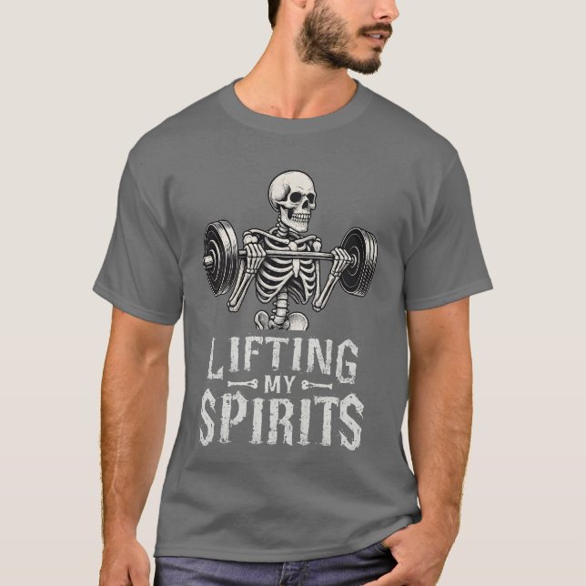 Camiseta Lifting My Spirits Bodybuilding Skeleton Funny Gym (Frente)