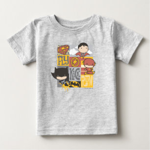 Camiseta Liga da Justiça de Chibi  Voar, Chutar, Executar