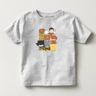 Camiseta Liga da Justiça de Chibi  Voar, Chutar, Executar