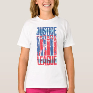Camiseta Liga da Justiça Pop de Arte Azul e Vermelho
