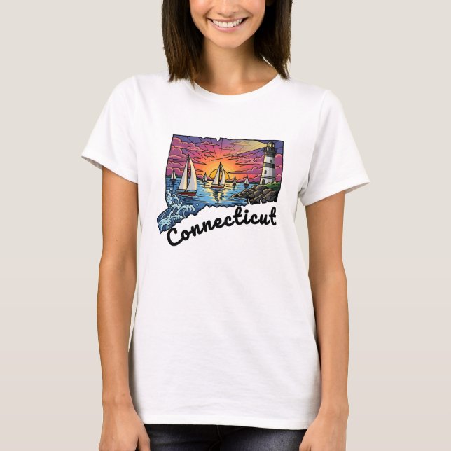 Camiseta Lighthouse do Estilo de Tatuagem do Estado de Conn (Frente)