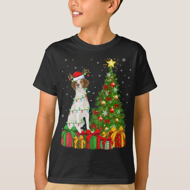 Camiseta Lighting Xmas Tree Santa Hat Brittany Spaniel Dog (Frente)