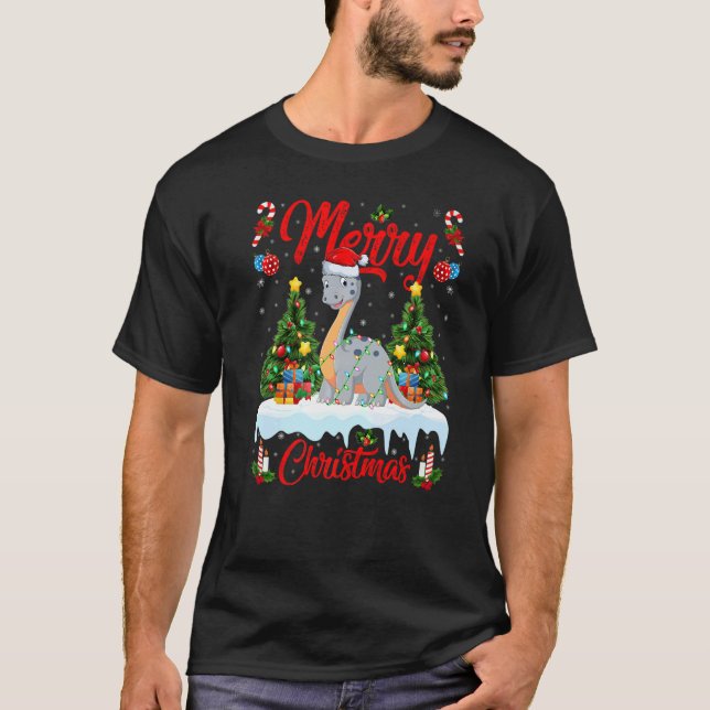 Camiseta Lights Xmas Tree Santa Diplodocus Dinosaur Christm (Frente)
