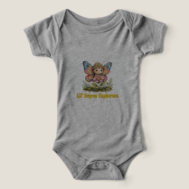Camiseta Lil' Bayou Explorers Borboleta Bebê Macacão (Design frontal)
