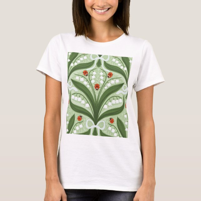 Camiseta Lily do vale e a simetria de joias em verde. (Frente)