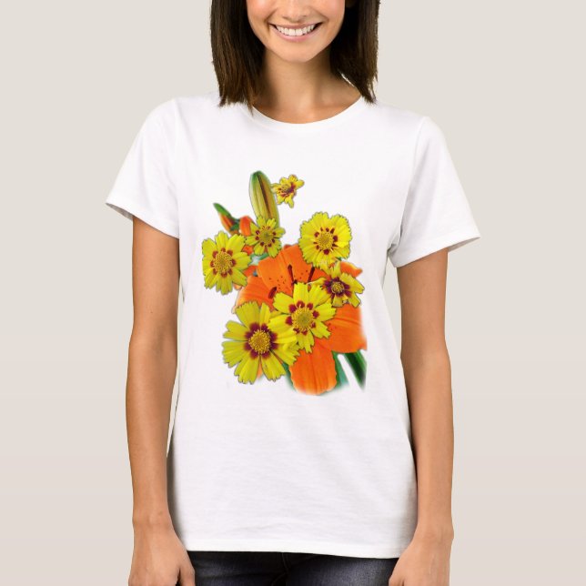 Camiseta Lily laranja e flores margaridas (Frente)