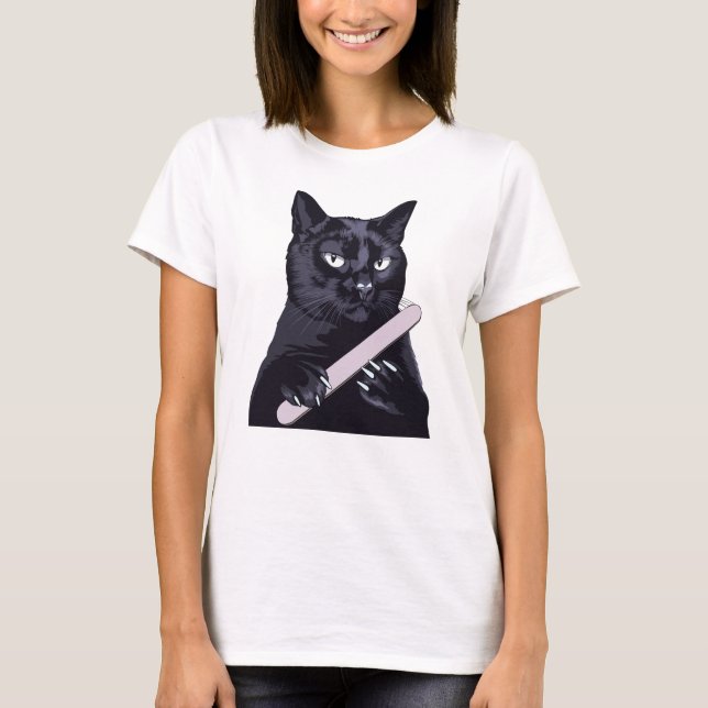 Camiseta Lima de unha de gato preto Manicure Ilustração eng (Frente)