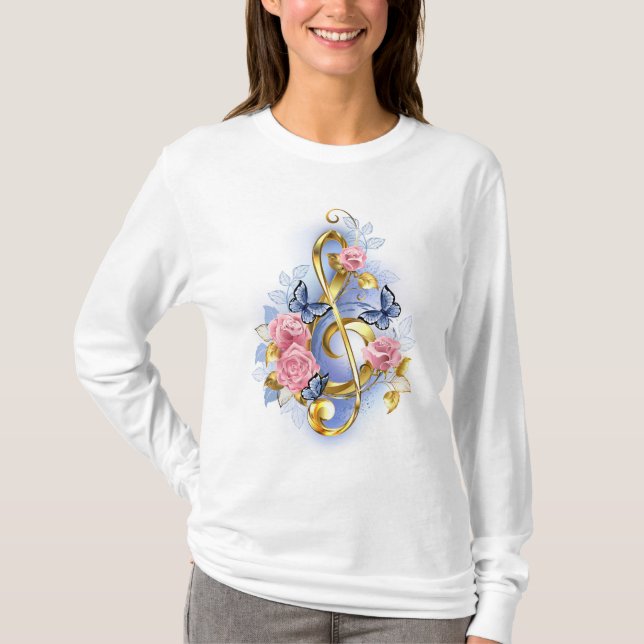 Camiseta Limpa de árvore com rosas cor-de-rosa (Frente)