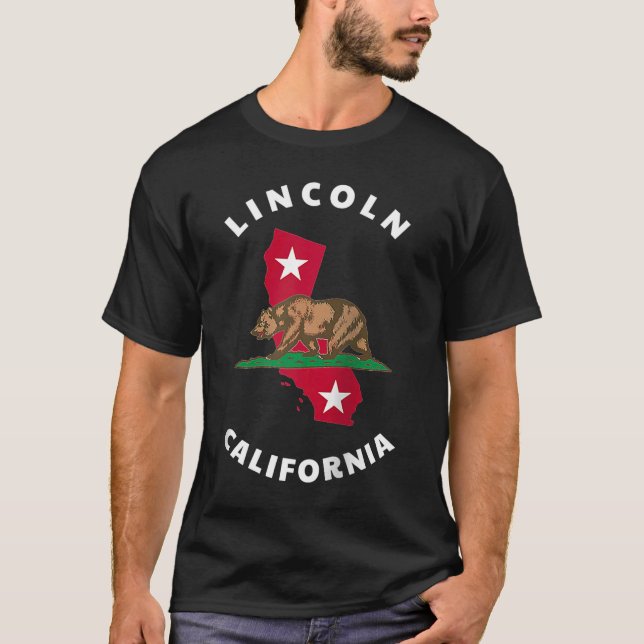 Camiseta Lincoln California CA Flag e Bear Crachá Souvenir (Frente)