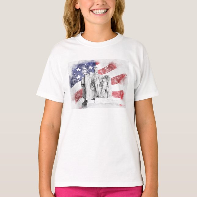 Camiseta Lincoln Memorial watercolor bandeira americana a b (Frente)