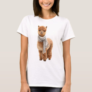 Camiseta Linda Alpaca Marrom Vestindo um Cachecol Branco