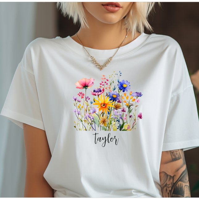 Camiseta Linda Aquarela Jardim Botânico de Flor Selvagem (Criador carregado)