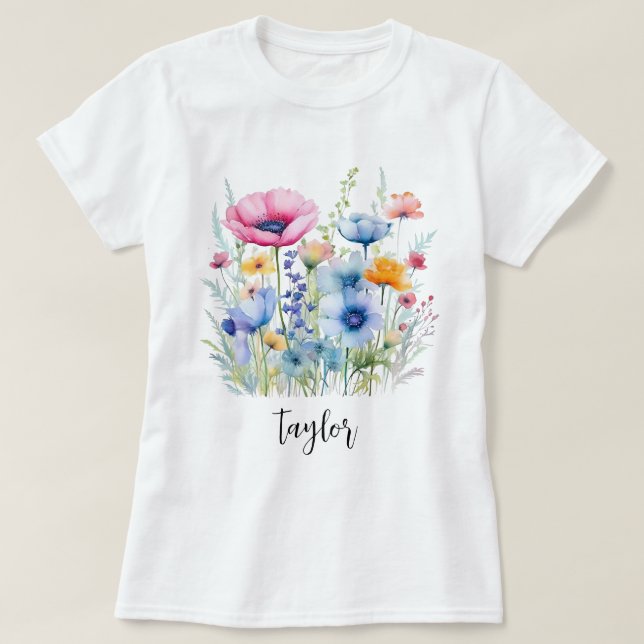 Camiseta Linda Aquarela Jardim Botânico de Flor Selvagem (Frente do Design)