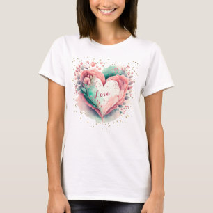 Camiseta Linda Aquarela Rosa e Coração Floral Verde