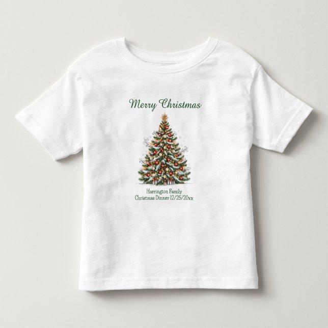 Camiseta Linda Árvore de Natal Decorada Combinando com a Fa (Frente)