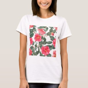 Camiseta Linda Camélia Flores e Folhas Padrão Acti