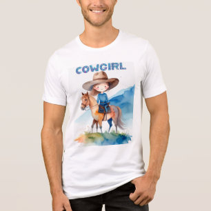 Camiseta Linda Desenho de Aquarela de Garota Cowgirl Montan