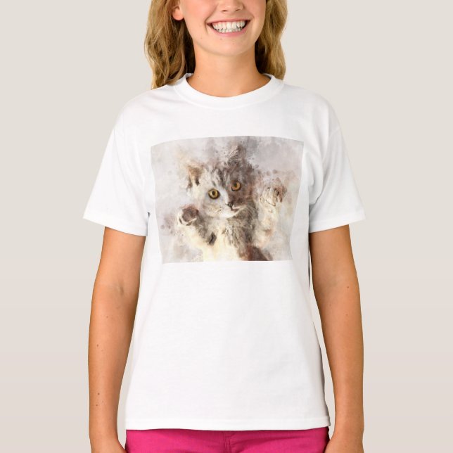 Camiseta Linda e bonita coloração aquosa do gatinho (Frente)
