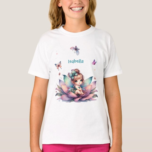 Camiseta Linda fada sentada dentro da flor (Frente)