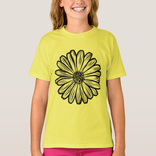 Camiseta Linda Flor de Margarida, Ilustração de Meio-Tons (Frente)