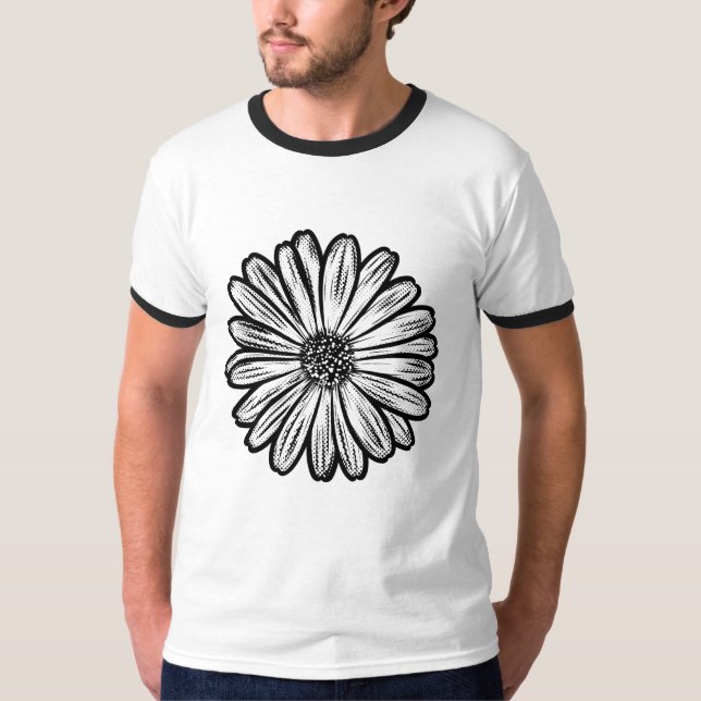 Camiseta Linda Flor de Margarida, Ilustração de Meio-Tons (Frente)