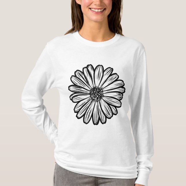 Camiseta Linda Flor de Margarida, Ilustração de Meio-Tons (Frente)