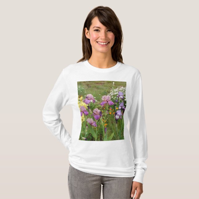 Camiseta Linda Foto floral da Flor Roxo Iris (Frente Completa)