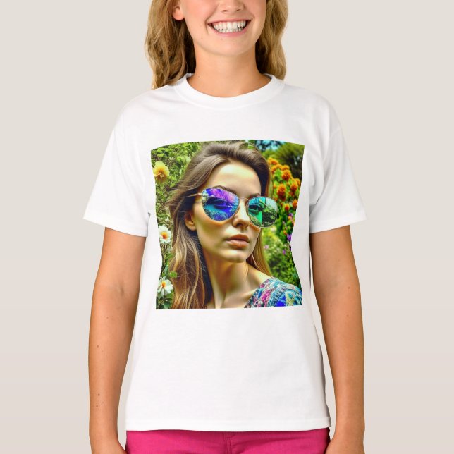 Camiseta Linda garota com óculos de sol Refletindo flores (Frente)