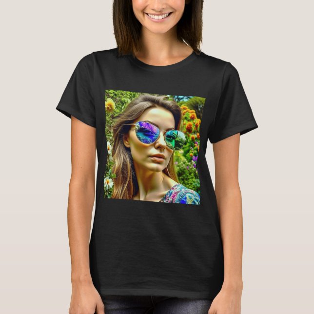 Camiseta Linda garota com óculos de sol Refletindo flores (Frente)