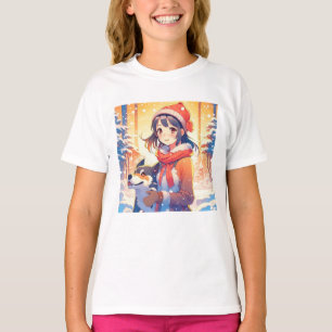 Camiseta Linda Garota de Anime com Cachorro Husky no Natal