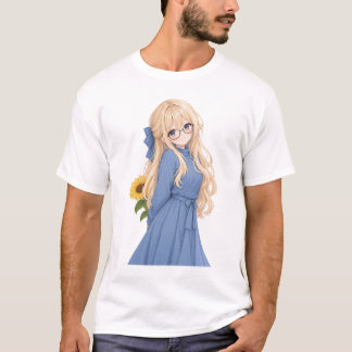 Camiseta Linda Garota de Anime com Óculos e Design de Giras