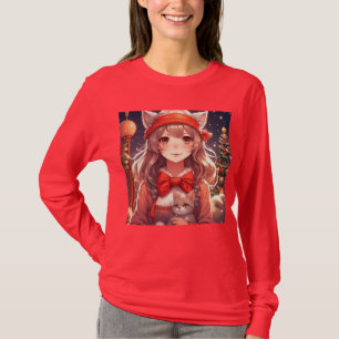 Camiseta Linda Garota de Anime Segurando Gatinho Natal