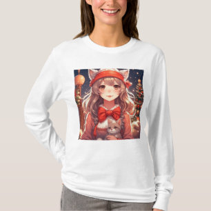 Camiseta Linda Garota de Anime Segurando Gatinho Natal