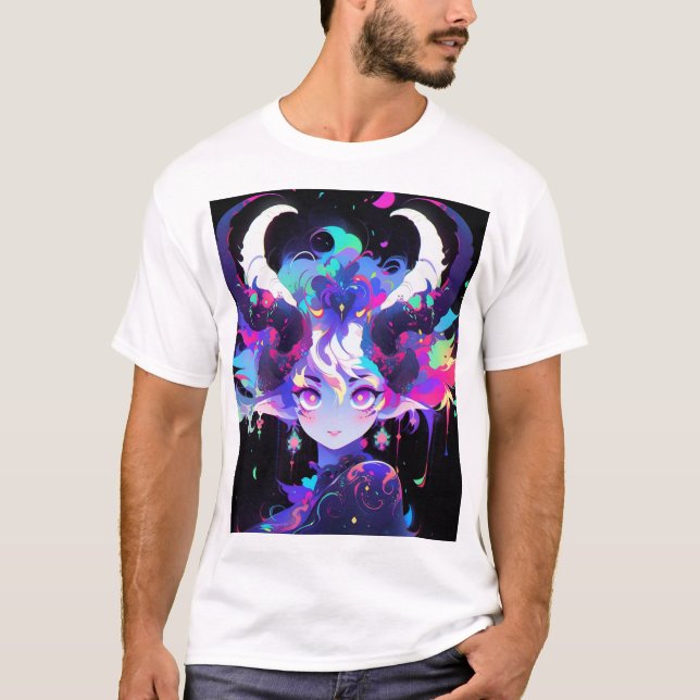 Camiseta Linda Garota Elf de Animação Neon com Cavalos (Frente)