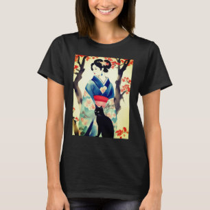 Camiseta Linda garota japonesa com um gato preto