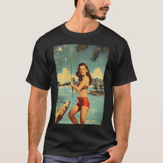 Camiseta Linda garota retrô pescando