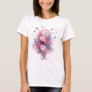 Camiseta Linda Menina Anime com Cabelo Rosa e Flores com Bo