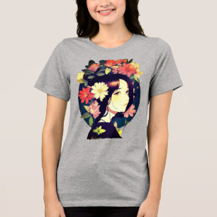 Camiseta Linda Menina de Animação Cortada por Flores