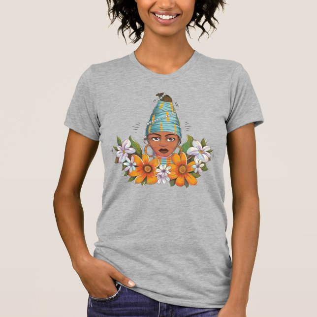 Camiseta Linda mulher africana com flores (Frente)