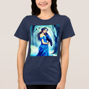 Camiseta Linda mulher com um Raven, em uma Floresta Neve