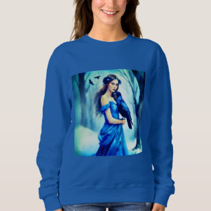 Camiseta Linda mulher com um Raven, em uma Floresta Neve