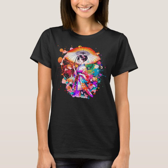 Camiseta Linda mulher japonesa em Kimono Parasol (Frente)