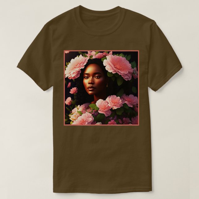 Camiseta Linda Mulher Negra Com Flores Rosa (Frente do Design)