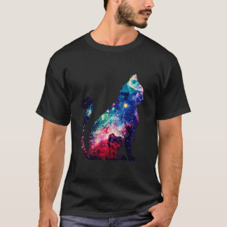 Camiseta Linda Nebulosa Espacial Galáxia Gato Silhouette T-