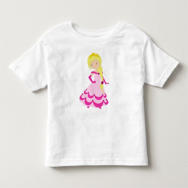 Camiseta Linda Princesa, Cabelo Loiro, Coroa, Vestido Rosa (Frente)