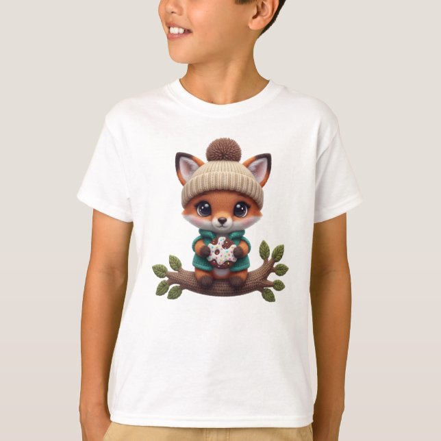 Camiseta Linda Raposa de Outono de Crochê com Biscoito – Ar (Frente)