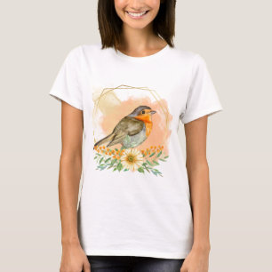 Camiseta Linda Robin e Flores Silvestres em Aquarela