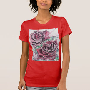 Camiseta Linda Rosa vermelha e pintura por aquarela