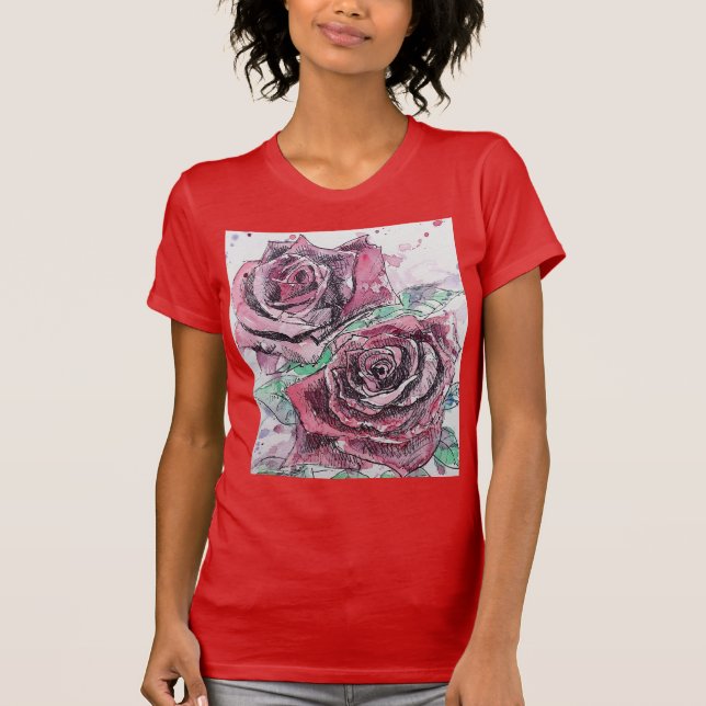 Camiseta Linda Rosa vermelha e pintura por aquarela (Frente)