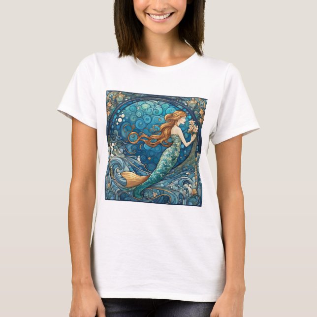 Camiseta Linda Sereia Arte Nouveau Arte Estilo Azul (Frente)